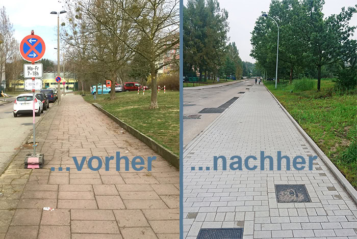 Erneuerter Gehweg nach Neuverlegung der Fernwärmeleitung, vorher- nachher Bild
